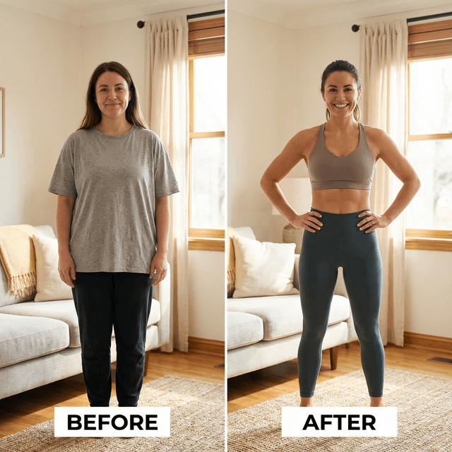Before and after weight loss transformation photo, natural lighting, realistic body proportions, healthy appearance, confident posture, fitness transformation, high-resolution portrait showing realistic weight change visualization