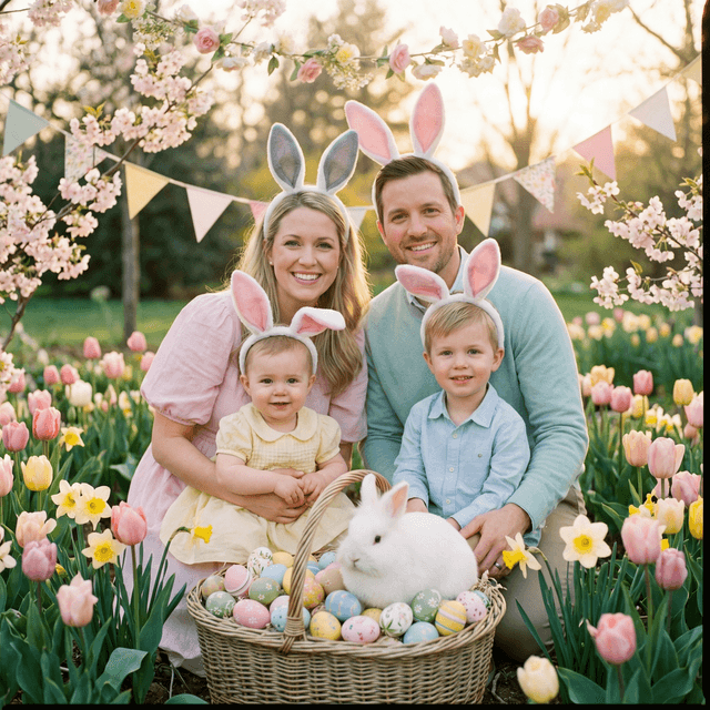 Beautiful Easter portrait, spring flowers and pastel colors, decorated Easter eggs, bunny ears, soft warm lighting, festive spring atmosphere